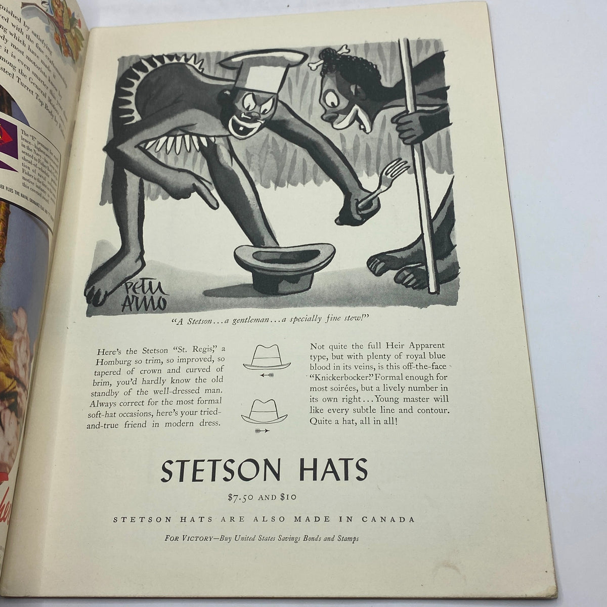 Vintage advertisement for Stetson hats featured in The New Yorker January 24, 1942, showcasing a humorous illustration. The New Yorker Complete Magazine January 24, 1942 Beatrice Tobias Cover.