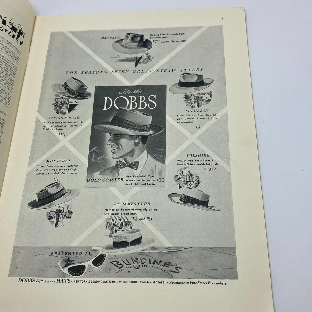 Advertisement page in The New Yorker Complete Magazine January 10, 1942 showcasing Dobbs Fifth Avenue hats with details and prices for straw styles.
