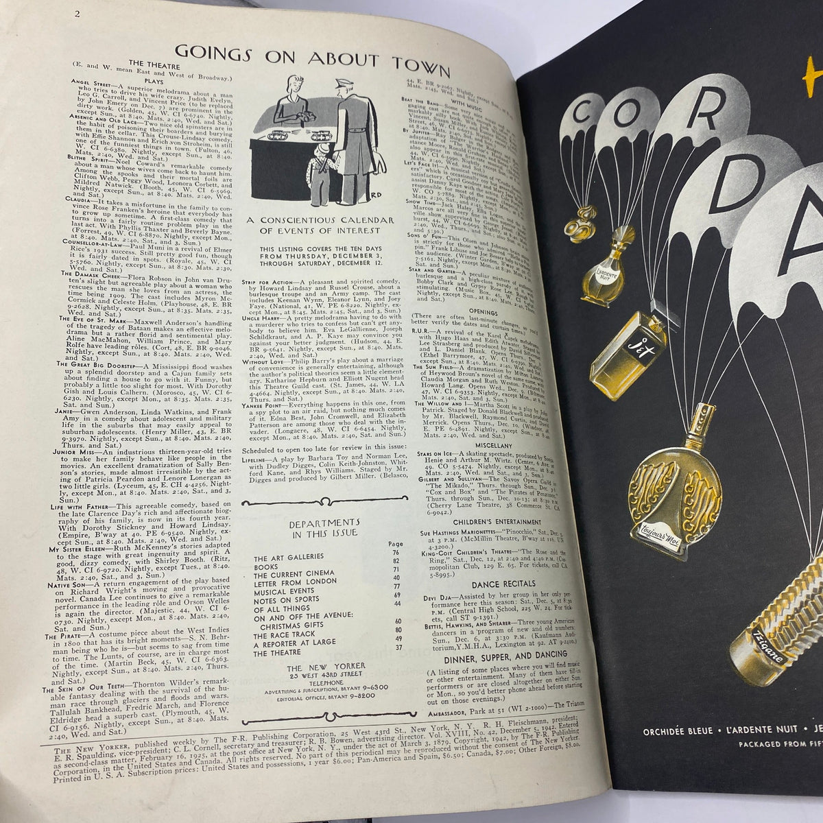 Interior page of The New Yorker magazine from December 5, 1942, showcasing the calendar of events titled 'Goings On About Town' alongside advertisements.
