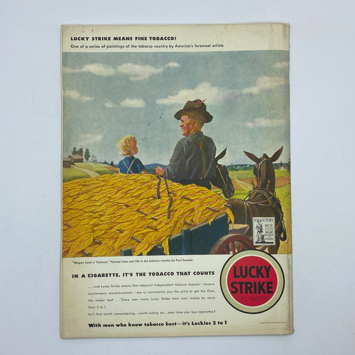 Back cover of The New Yorker magazine from October 31, 1942, depicting a detailed painting of a farmer and child in a tobacco field, promoting Lucky Strike cigarettes with a classic vintage advertisement.