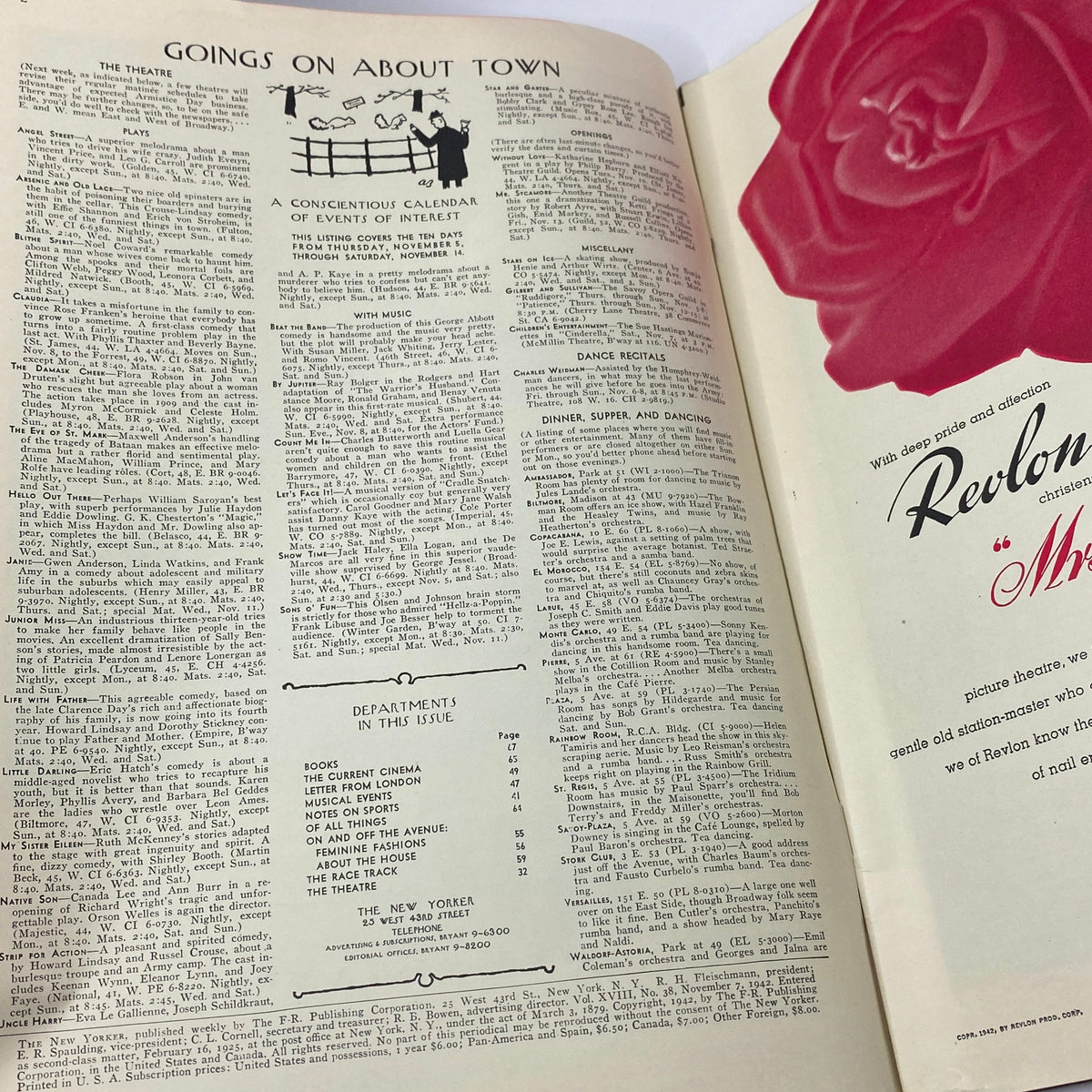 Interior page from The New Yorker, November 7, 1942, listing events and activities, showcasing the magazine's vintage design and typography.