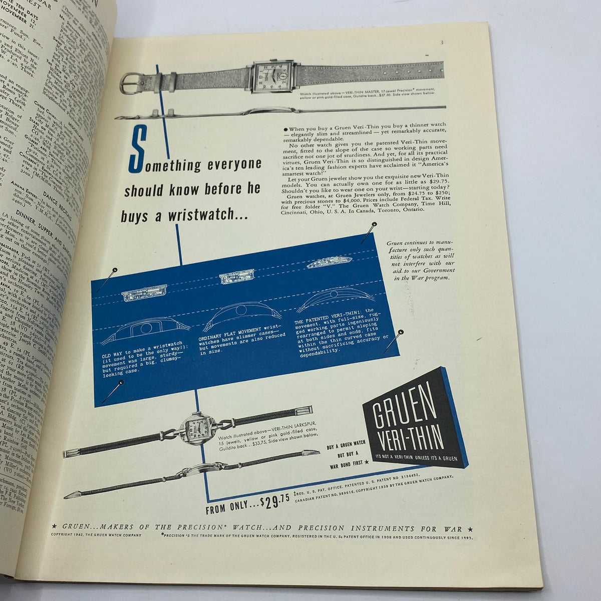 Continuation of the interior page from The New Yorker Magazine November 14, 1942, featuring an advertisement for Gruen wristwatches with detailed illustrations and descriptions.