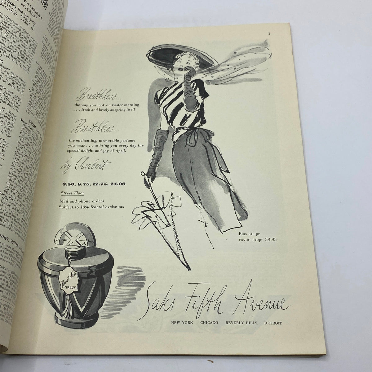 Advertisement for Breathless perfume by Charbert in The New Yorker Complete Magazine April 10, 1943, showcasing a fashionable woman.