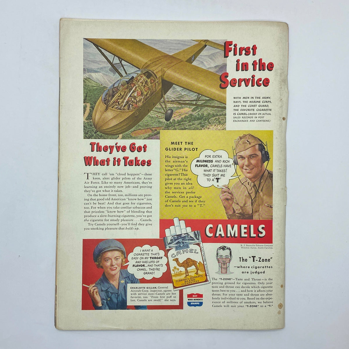 Vintage advertisement for Camels cigarettes in The New Yorker Complete Magazine April 10, 1943, promoting a glider pilot and airline service.