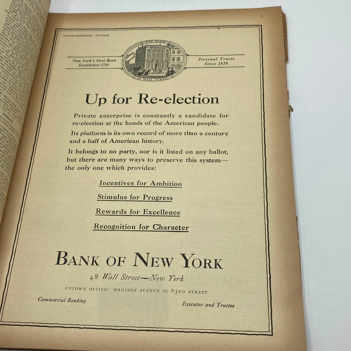 Advertisement page in The New Yorker, November 13, 1943, featuring a promotional ad for the Bank of New York discussing private enterprise and election.