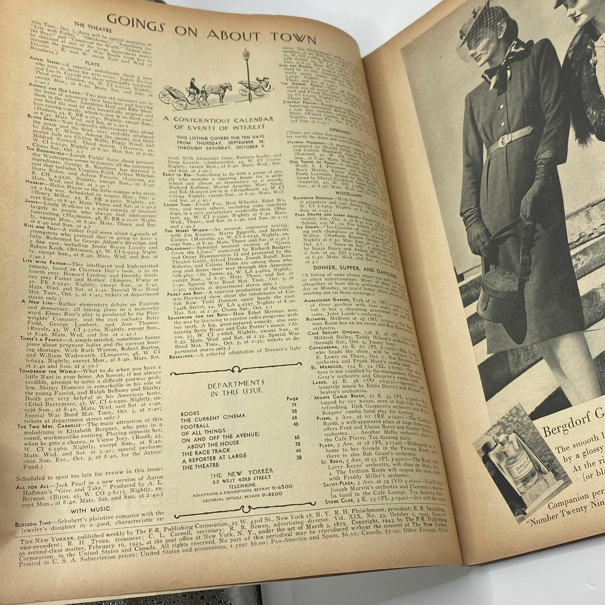 Interior page of The New Yorker magazine, October 2, 1943, featuring the section 'Goings on About Town' with listings of events, plays, and dining options.