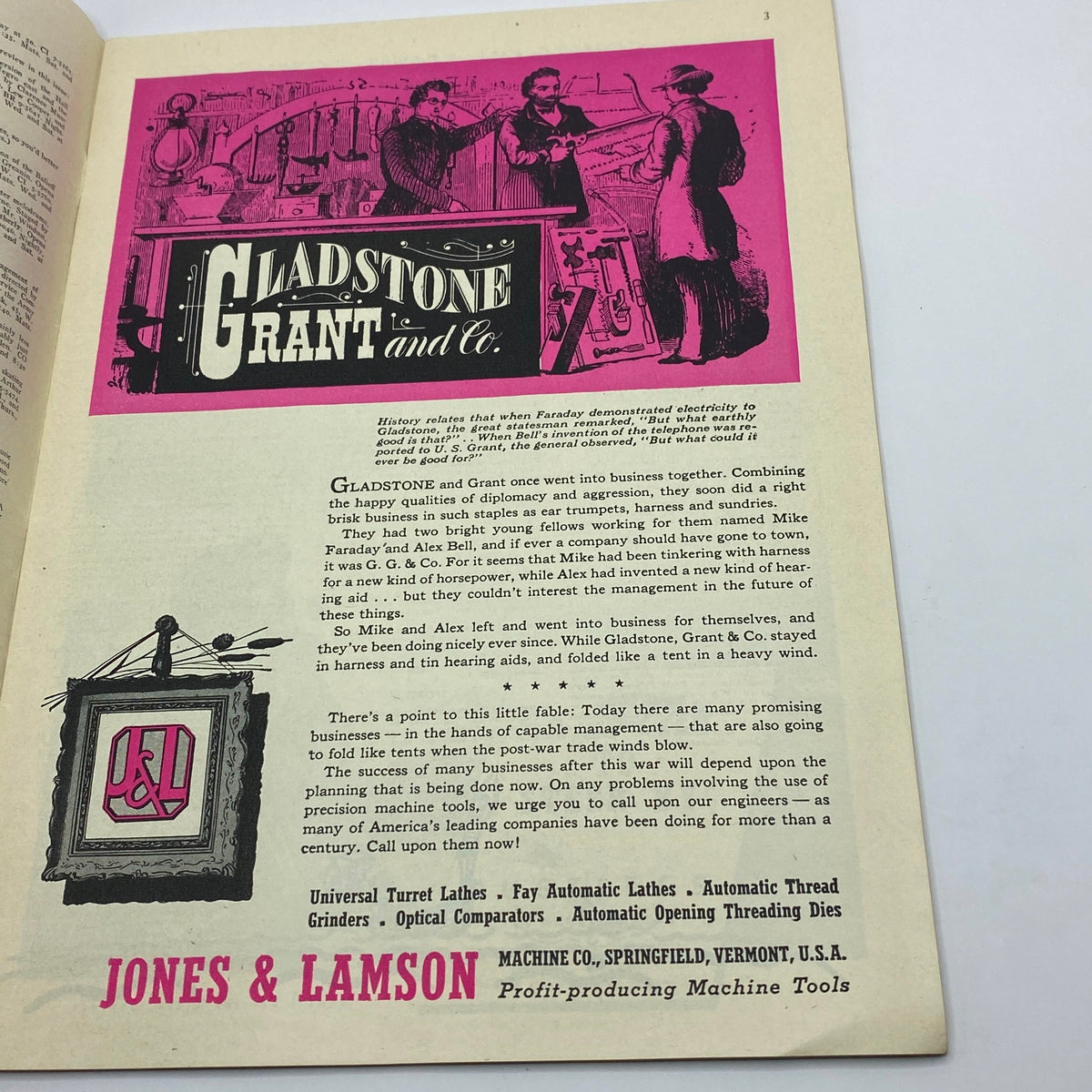 Interior page featuring an advertisement for Gladstone Grant and Co. from The New Yorker Complete Magazine August 14, 1943, with a colorful illustration.