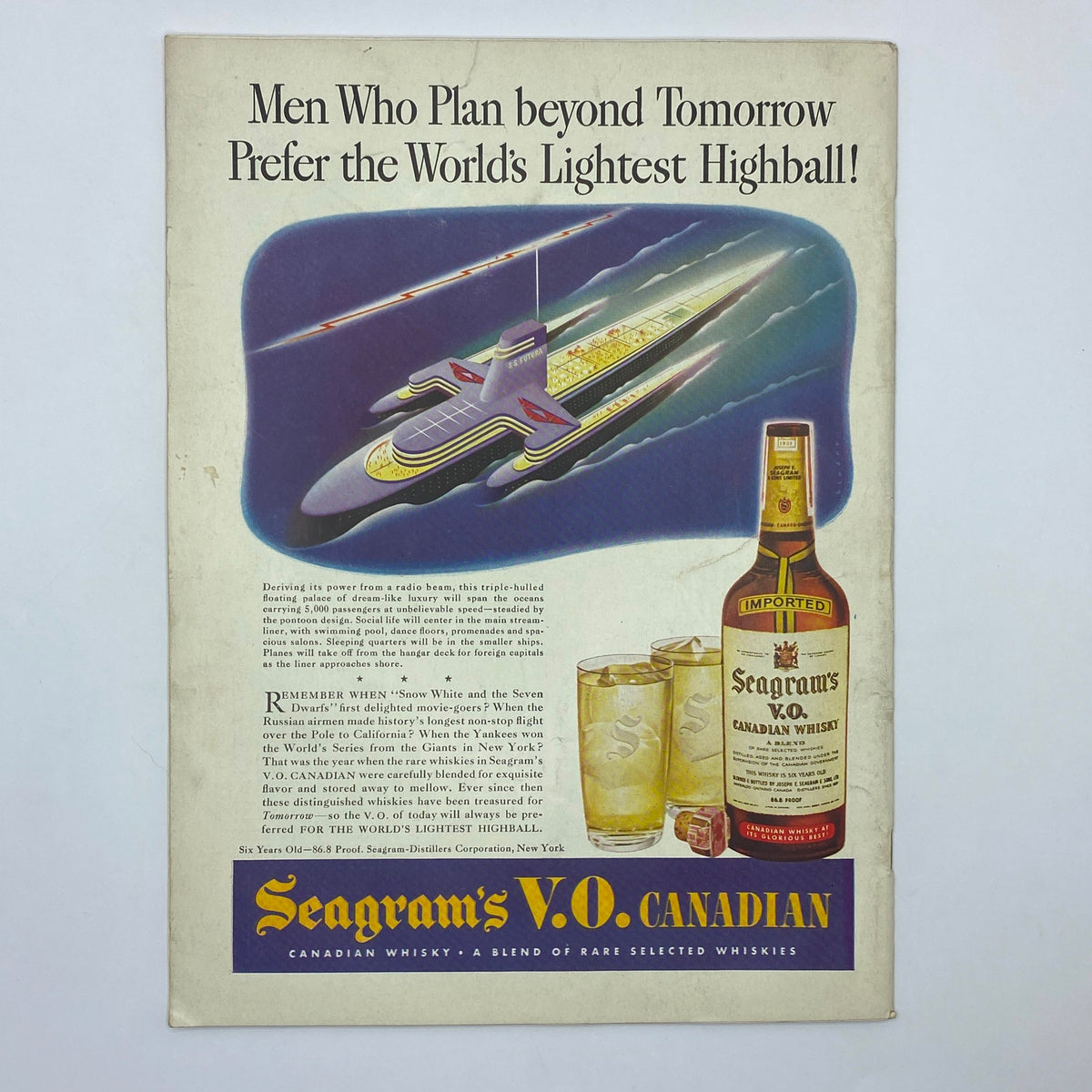 Back cover advertisement for Seagram's V.O. Canadian Whisky from The New Yorker Complete Magazine August 14, 1943, featuring a futuristic design.