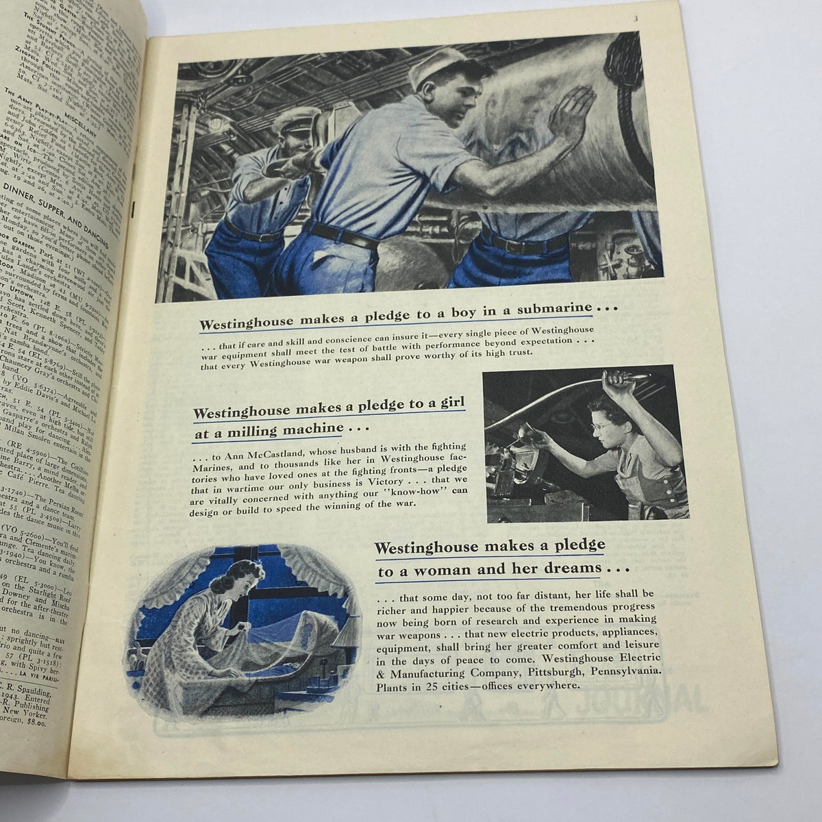 Page from The New Yorker Complete Magazine August 21, 1943, featuring historical advertisements from Westinghouse showcasing war efforts and pledges to support servicemen and women.