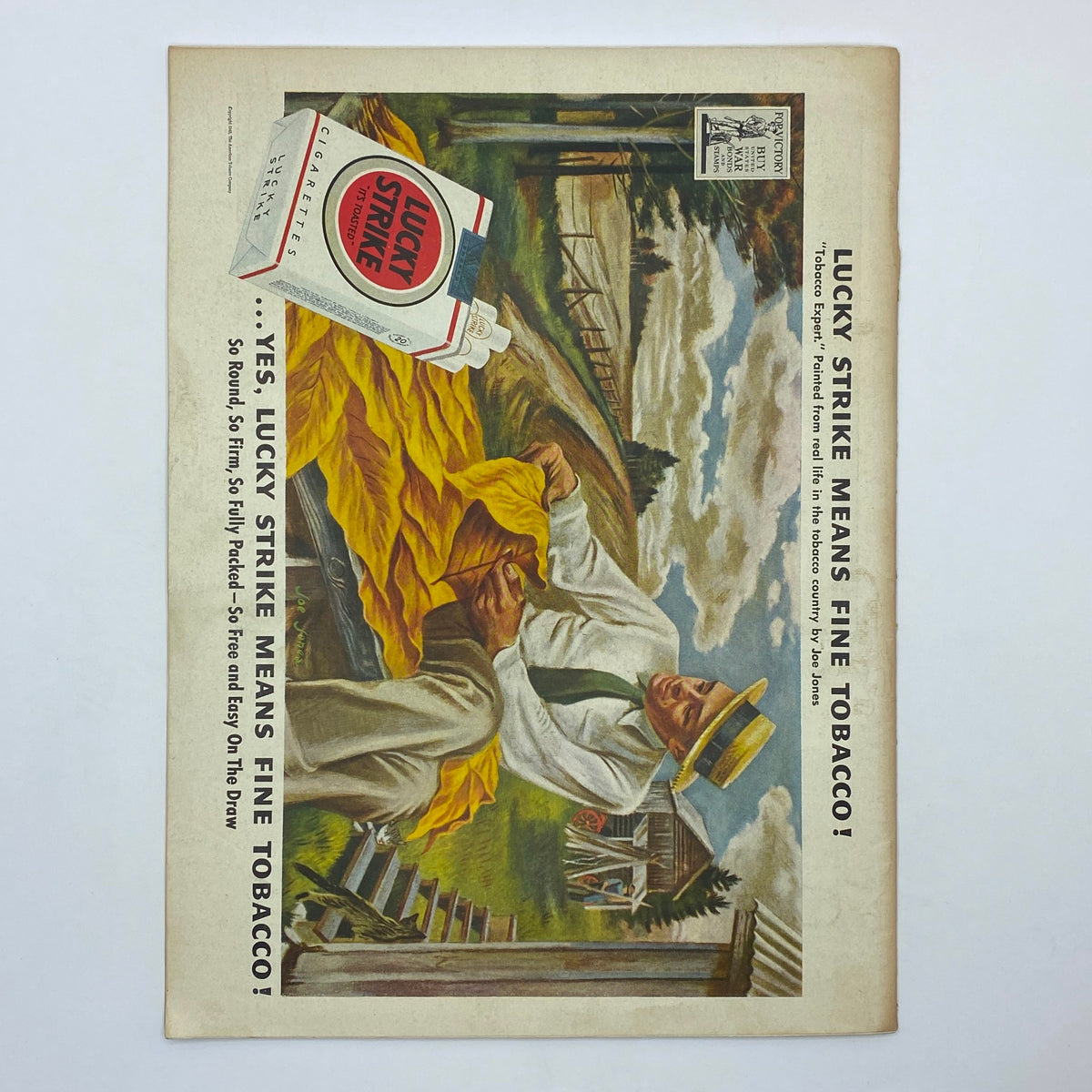 Advertisement from The New Yorker Complete Magazine August 21, 1943, promoting Lucky Strike cigarettes, illustrated with a farmer outdoors, highlighting the brand's slogan about fine tobacco.