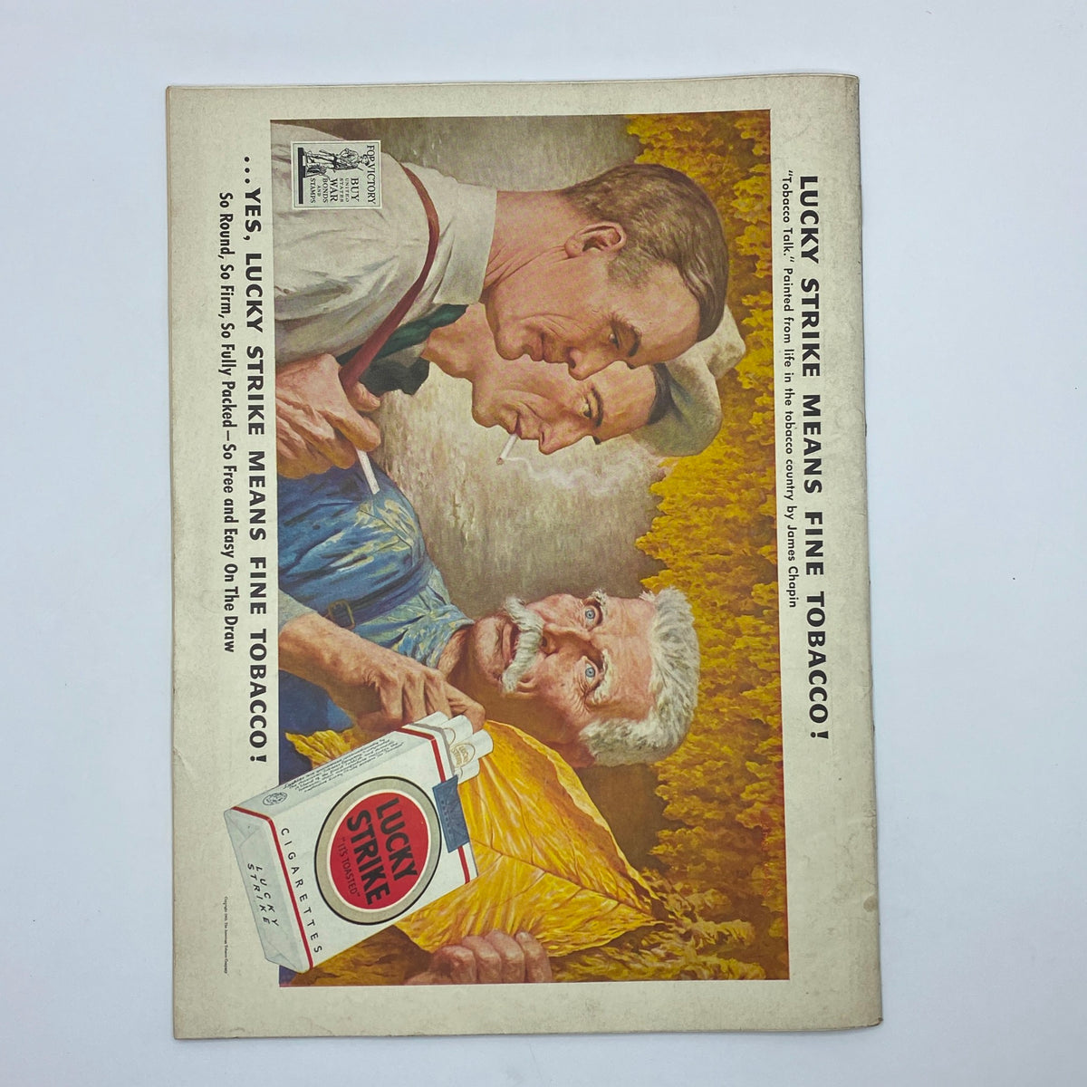 Cover of the Lucky Strike advertisement in The New Yorker Complete Magazine June 12, 1943, showcasing various characters discussing tobacco.