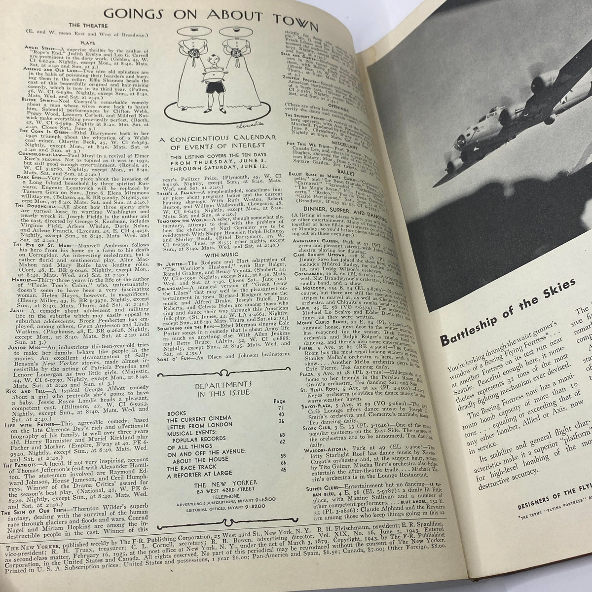 Inside page of The New Yorker Complete Magazine June 5, 1943 showcasing the calendar section 'Goings On About Town' with event listings.