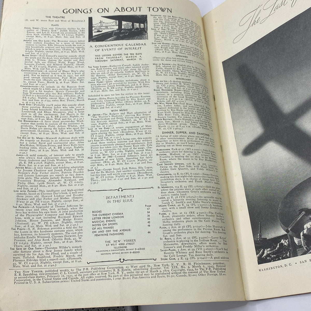 Interior page from The New Yorker Complete Magazine March 6, 1943 showing the 'Goings on About Town' section, detailing events and listings.