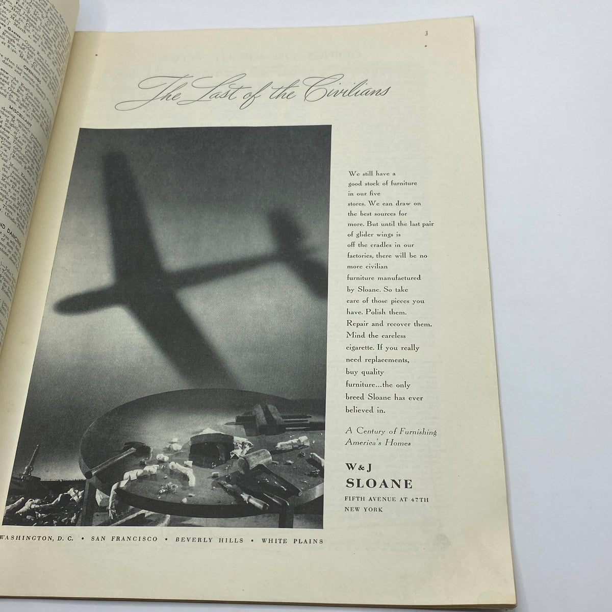 Interior page from The New Yorker Complete Magazine March 6, 1943 with an advertisement titled 'The Last of the Civilians' featuring a shadow of an airplane.