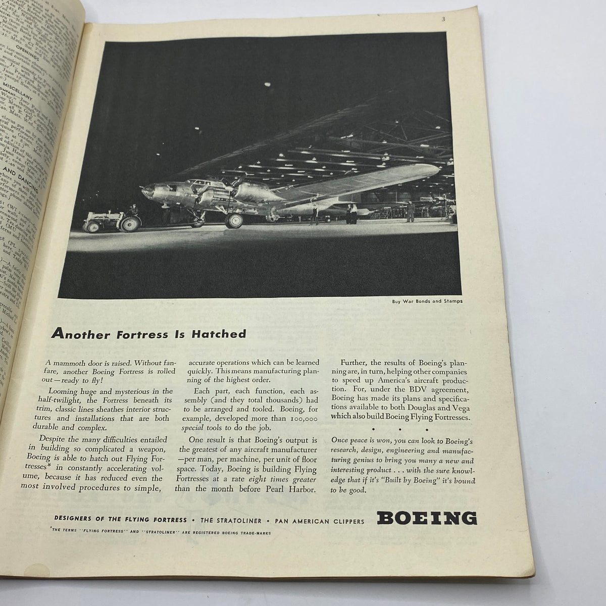 Article page from The New Yorker Complete Magazine June 19, 1943 titled 'Another Fortress Is Hatched', discussing Boeing's aircraft production during World War II.