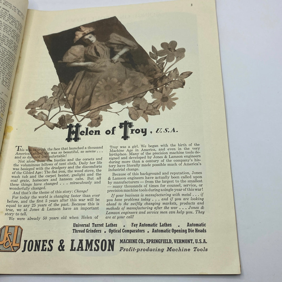 Interior page of The New Yorker magazine from March 27, 1943, featuring an article titled 'Helen of Troy, U.S.A.' showcasing vintage advertising related to Jones & Lamson machine tools.