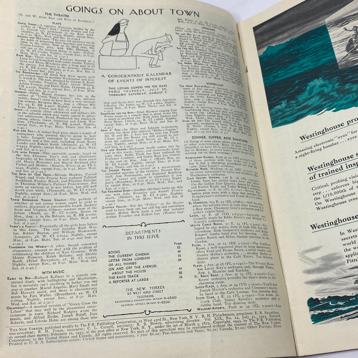 Goings On About Town section from The New Yorker Complete Magazine July 31, 1943, featuring a calendar of events from that era.