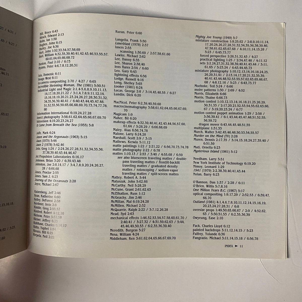 Continuation of the index page from Cinefex Magazine March 1980 to October 1981 Index Issues 1-6, listing notable films and effects artists.