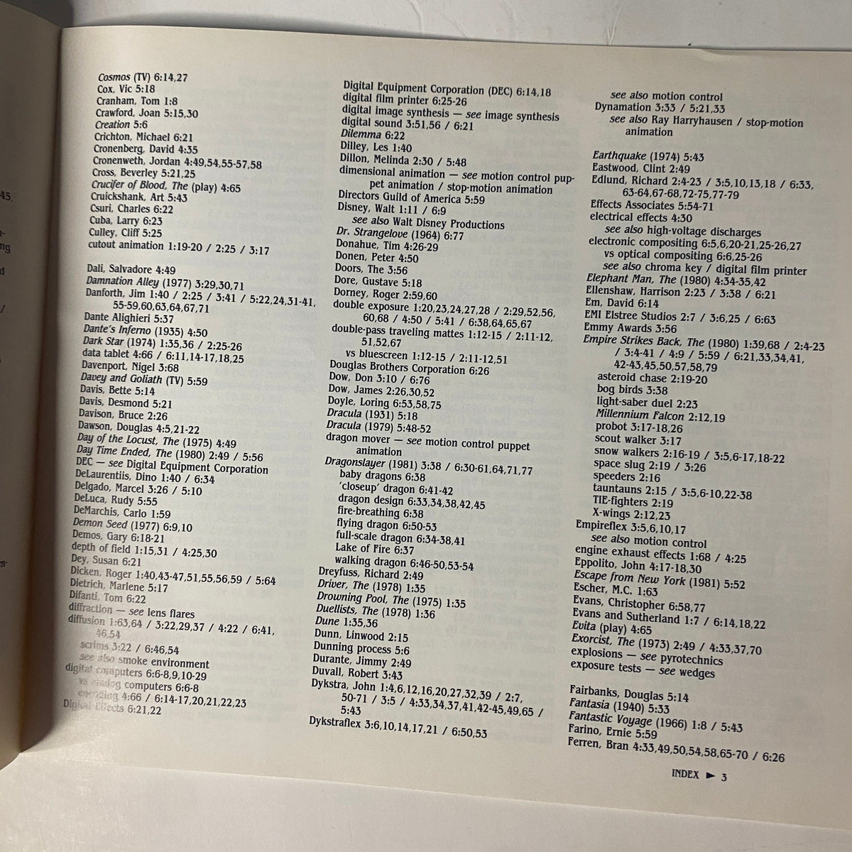 Further index page from Cinefex Magazine March 1980 to October 1981 Index Issues 1-6, providing technical topics and resources related to filmmaking.