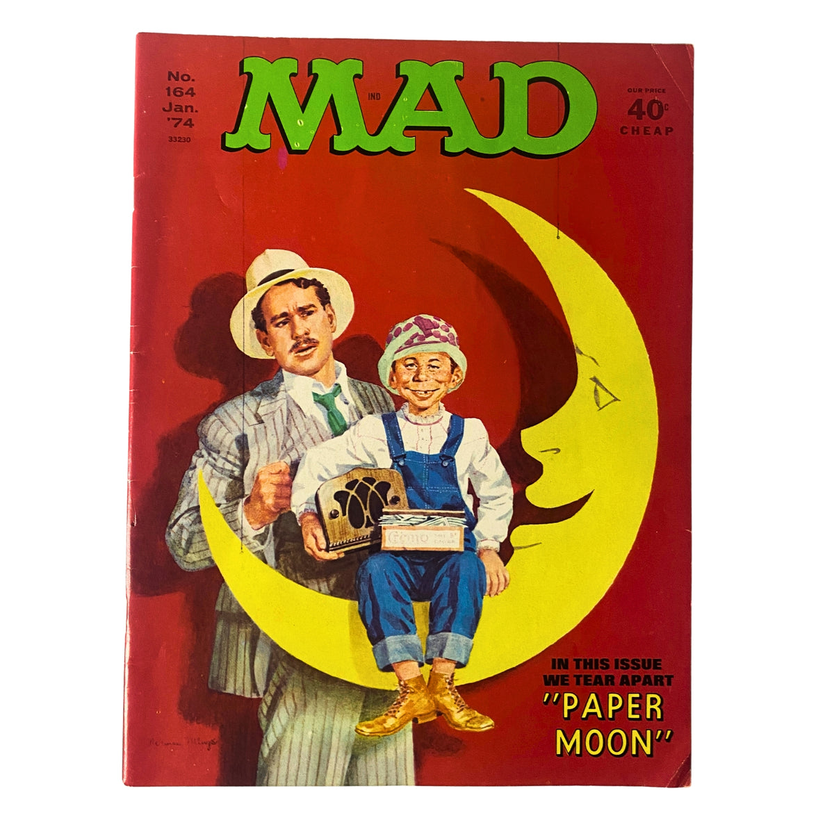 Mad Magazine January 1974, Issue No. 164, featuring the cover illustration of a whimsical scene with a moon, a man in a suit, and a boy character reminiscent of the movie 'Paper Moon'. The magazine is graded 4.0 Very Good (VG), showcasing classic humor and satire.