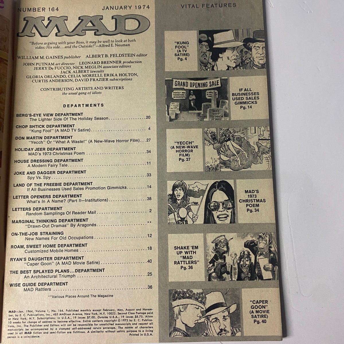 Inside page of Mad Magazine January 1974 No. 164 showcasing various comic departments including 'Berg’s-Eye View', 'Land of the Freebie', and 'Don Martin', emphasizing its vintage humor.