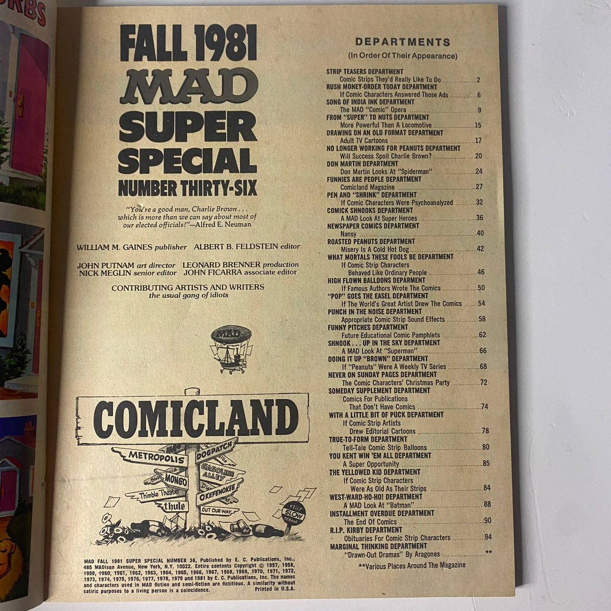 Interior page of Mad Magazine Fall 1981 Super Special No. 36 showing the contents list and departments, highlighting various comic-related satirical articles.