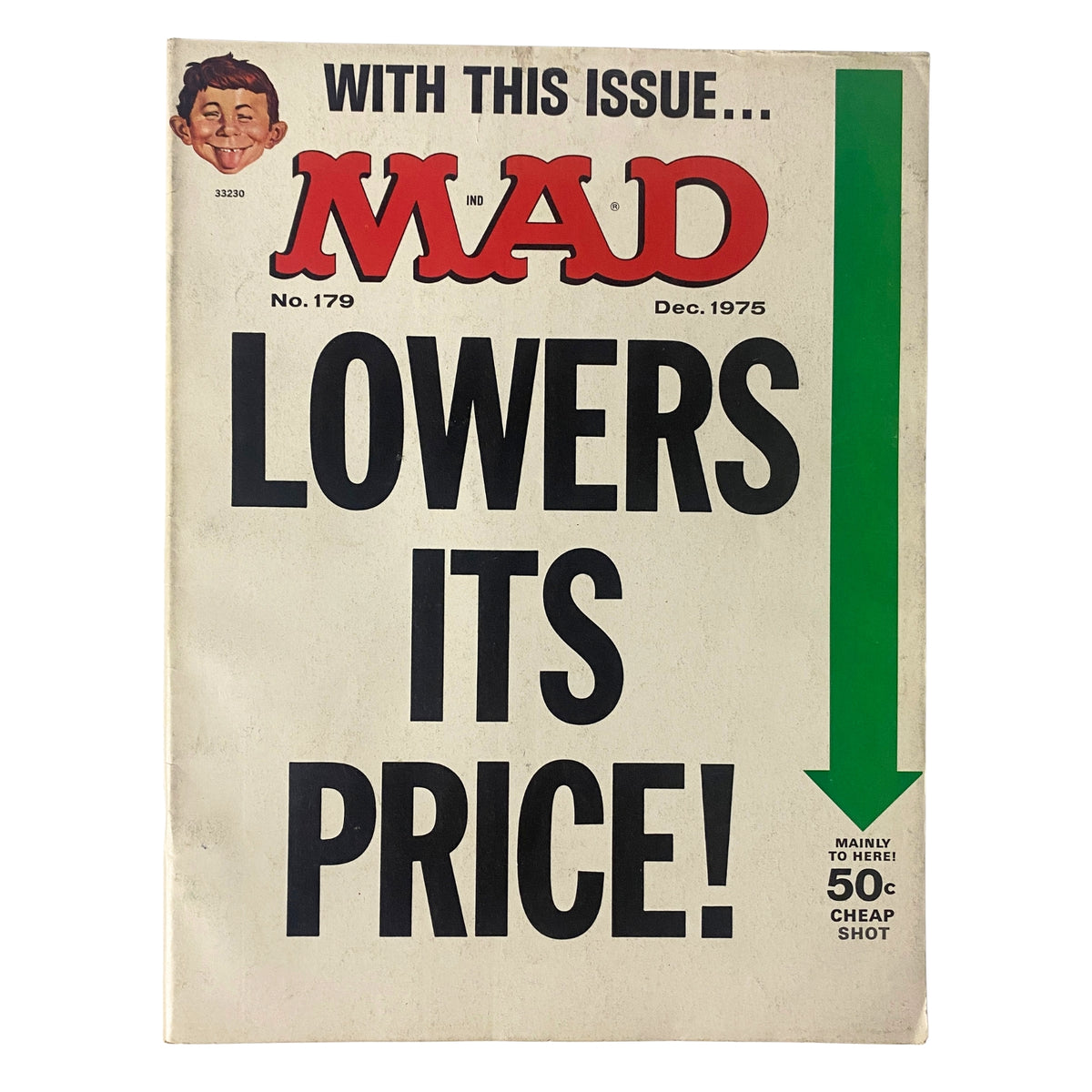 Cover of Mad Magazine December 1975 No. 179 featuring bold text stating 'Lowers Its Price!' and a cartoon character in the top corner.