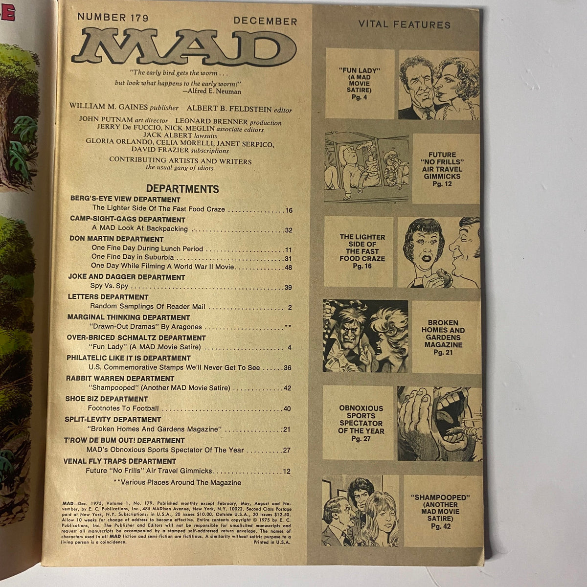 Inside page of Mad Magazine December 1975 No. 179 displaying the table of contents with various departments and features listed.