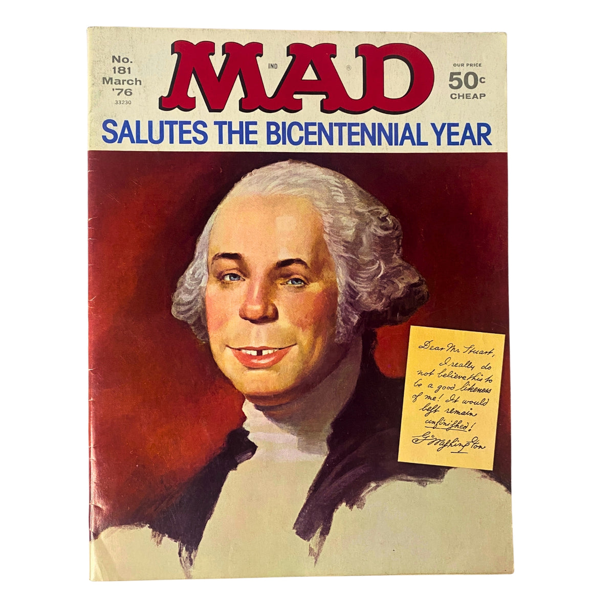 Mad Magazine March 1976 No. 181 Salutes the Bicentennial Year cover featuring a humorous illustration of George Washington with a playful smile, showcasing the magazine's satire style.