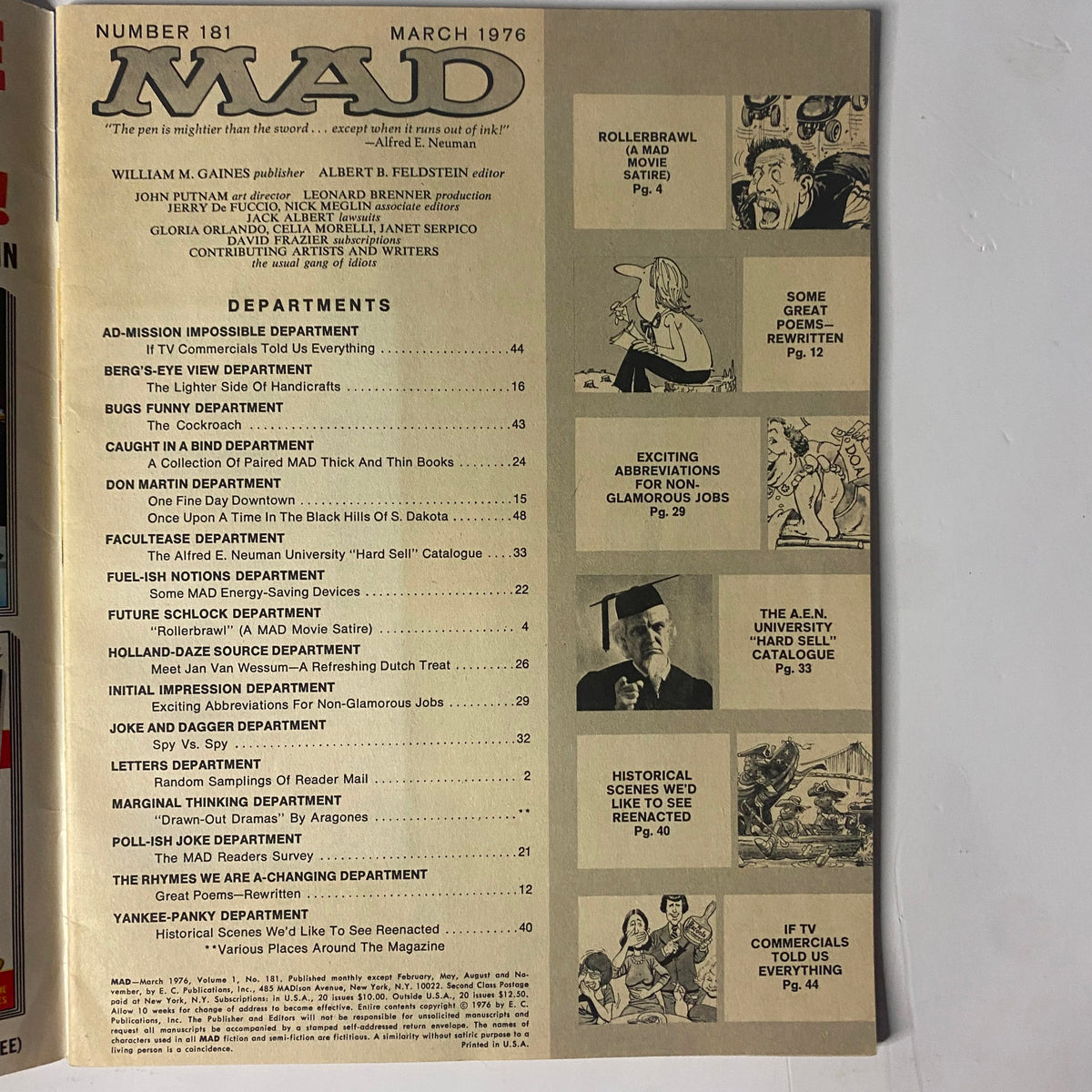 Inside page of Mad Magazine March 1976 No. 181 displaying the table of contents, including various satirical departments such as 'Rollerbrawl' and 'Ad-Mission Impossible'.