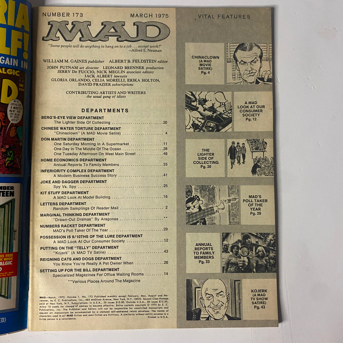 MAD Magazine March 1975 No. 173 cover featuring various departments and content highlights, showcasing a vintage feel and classic humor style.