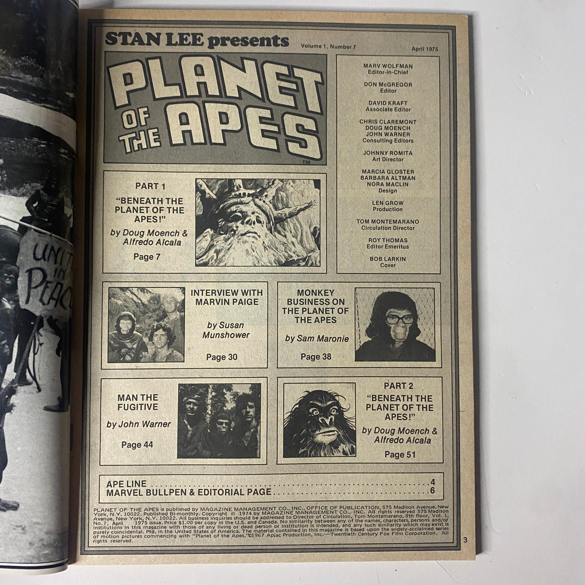Inside page of Planet of the Apes April 1975 No. 7 listing contents, including story adaptations and features such as 'Beneath the Planet of the Apes', interview with Marvin Paige, and comic adaptations.