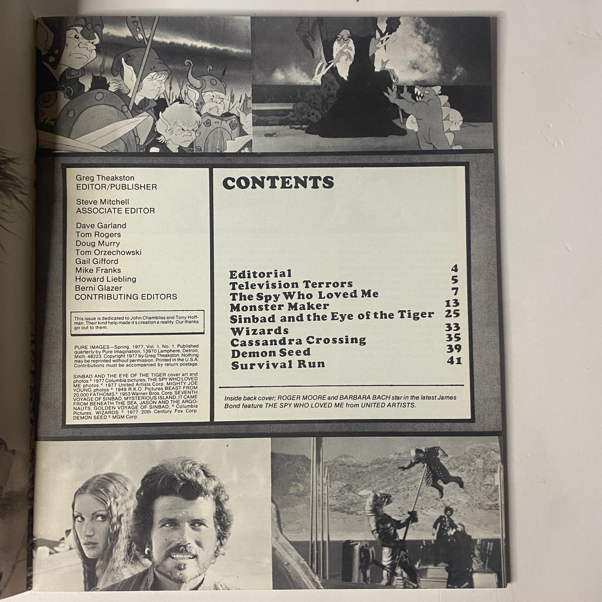 Contents page of Pure Images Magazine Spring 1977, highlighting sections including Editorial, Television Terrors, and Sinbad and The Eye of the Tiger.