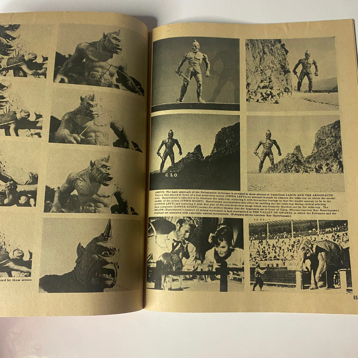 FXRH Spring 1974 Special Visual Effects Created by Ray Harryhausen - A vintage magazine spread featuring various iconic visual effects creatures, including models and behind-the-scenes images that highlight the artistry of Ray Harryhausen. This issue is in Very Good condition, showcasing memorable stop-motion characters.