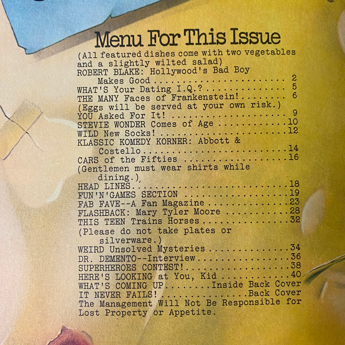 Menu page from Bananas Magazine 1975 listing various articles including 'Robert Blake: Hollywood’s Bad Boy Makes Good' and 'Weird Unsolved Mysteries.' The menu is designed with fun graphics that reflect the playful tone of the magazine.