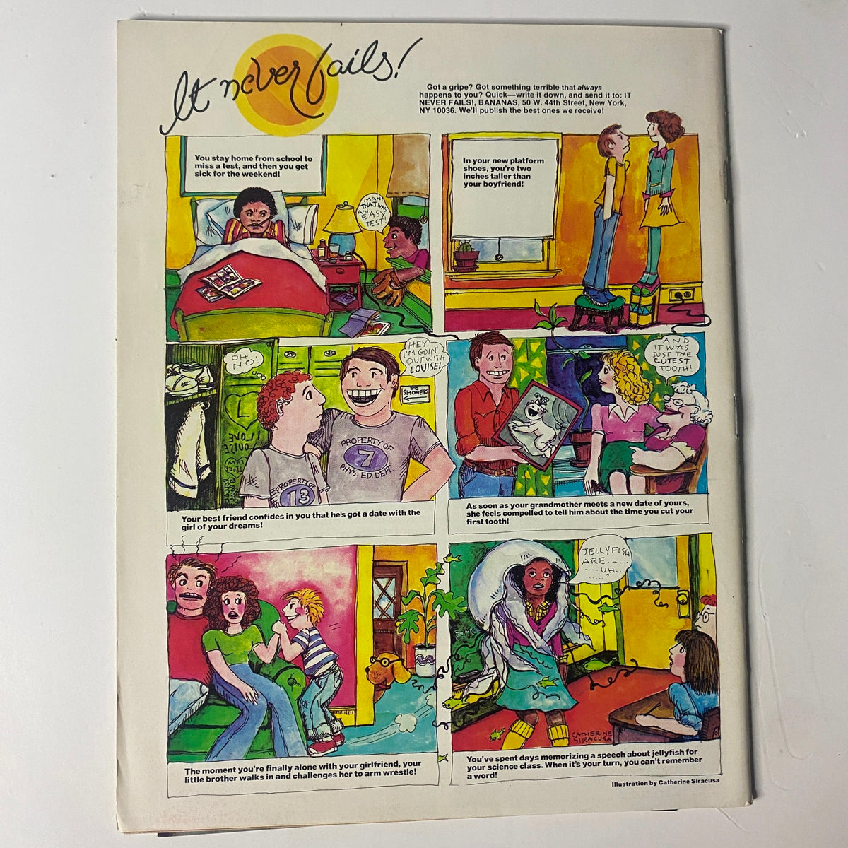 Back cover of Bananas Magazine 1975 titled 'It Never Fails!' showcasing comic-style illustrations with humorous scenarios. This playful design complements the magazine's light-hearted, teen-oriented content.