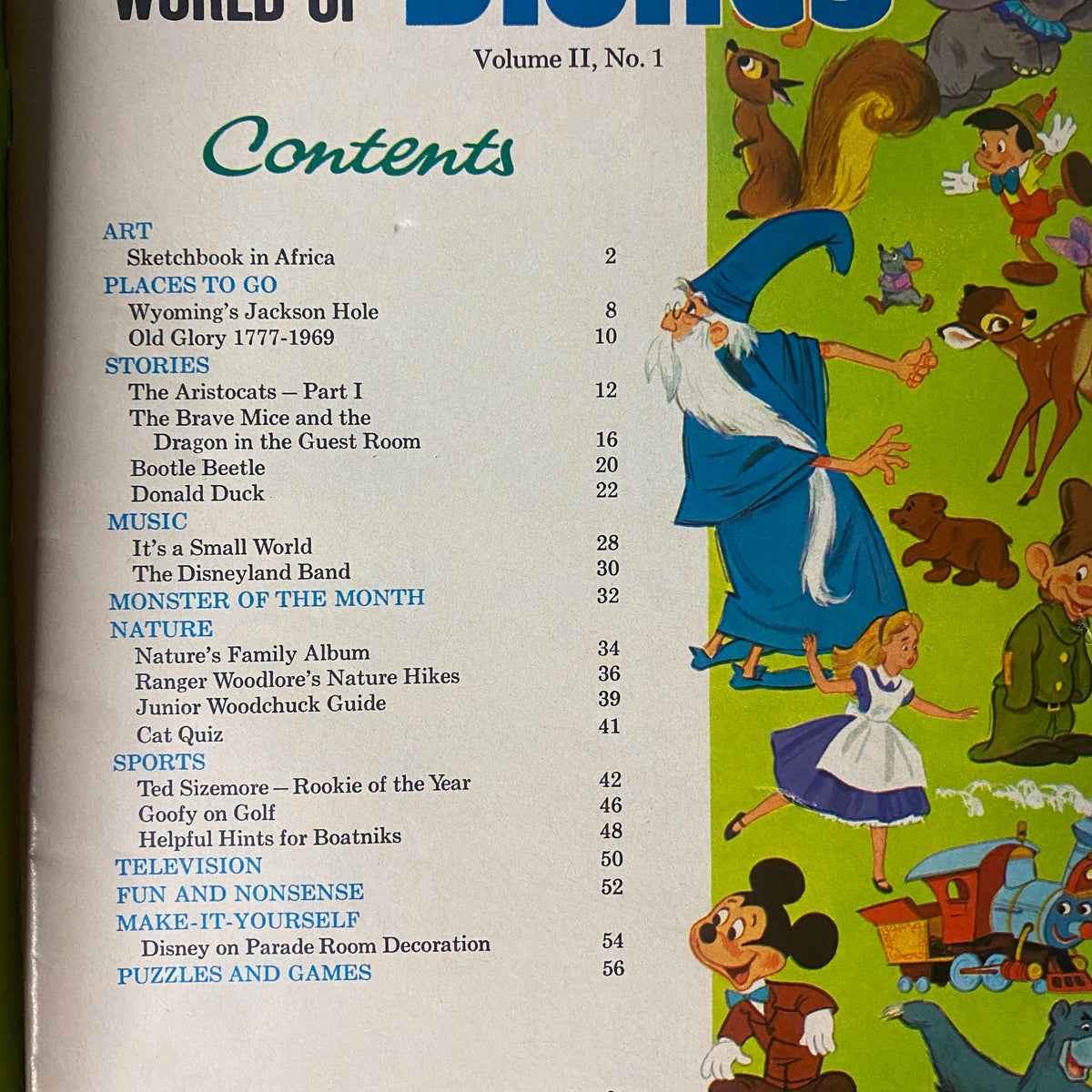 Contents page of Wonderful World of Disney Magazine 1970 No. 2 featuring articles on Disney art, nature, sports, and puzzles, including highlights like Ted Sizemore and Goofy on Golf.