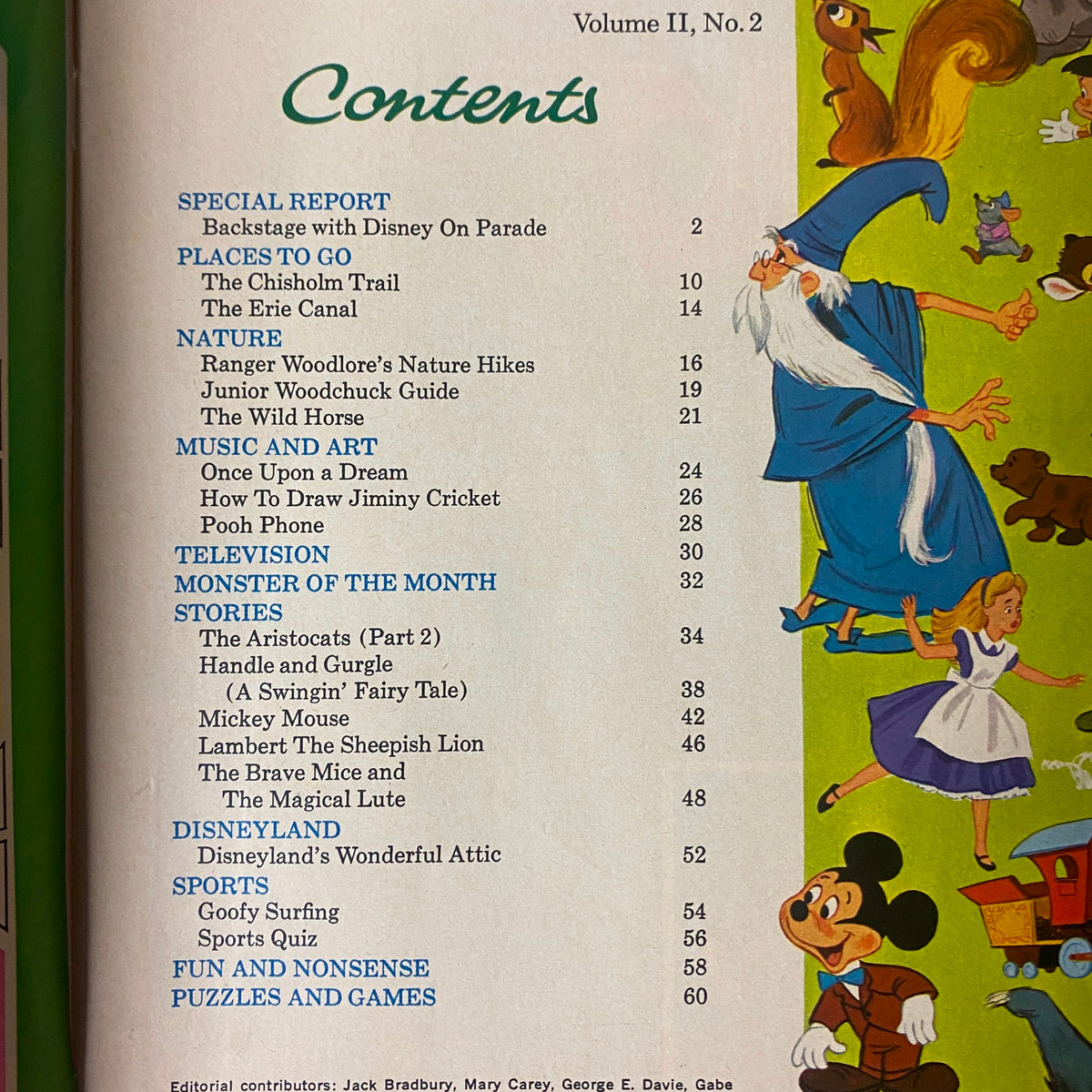 Contents page of Wonderful World of Disney Magazine 1970 No. 1, listing articles about The Chisholm Trail, Nature, and Disney characters, along with activities and puzzles.