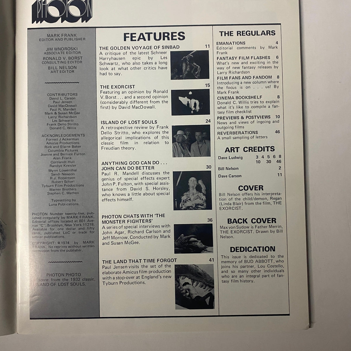 Photon Magazine 1974 No. 25 interior page showcasing features including The Exorcist, The Golden Voyage of Sinbad, and content sections laid out for vintage film enthusiasts.