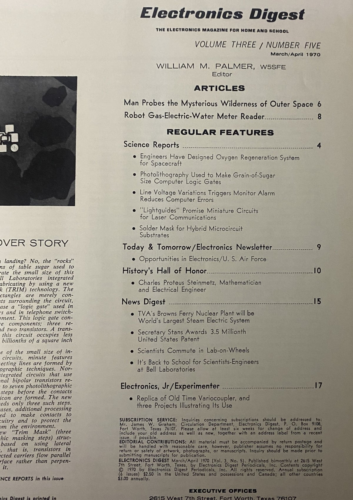 Electronics Digest Magazine March 1970 interior page listing articles including 'Robot Gas-Electric-Water Meter Reader' and regular features on science reports and electrical innovations.