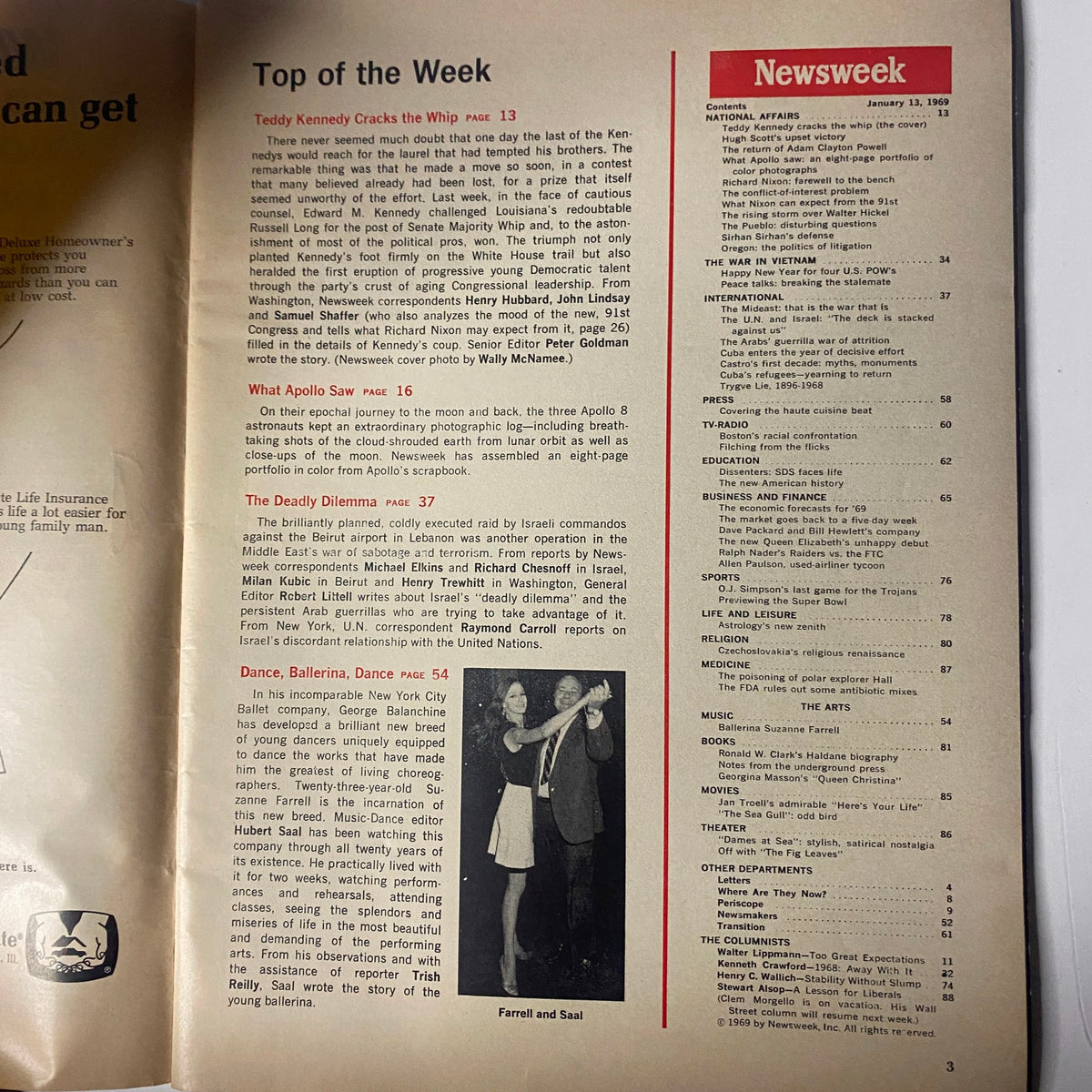 Inside page of Newsweek Magazine January 13, 1969, listing articles including 'Teddy Kennedy Cracks the Whip' and 'What Apollo Saw'.