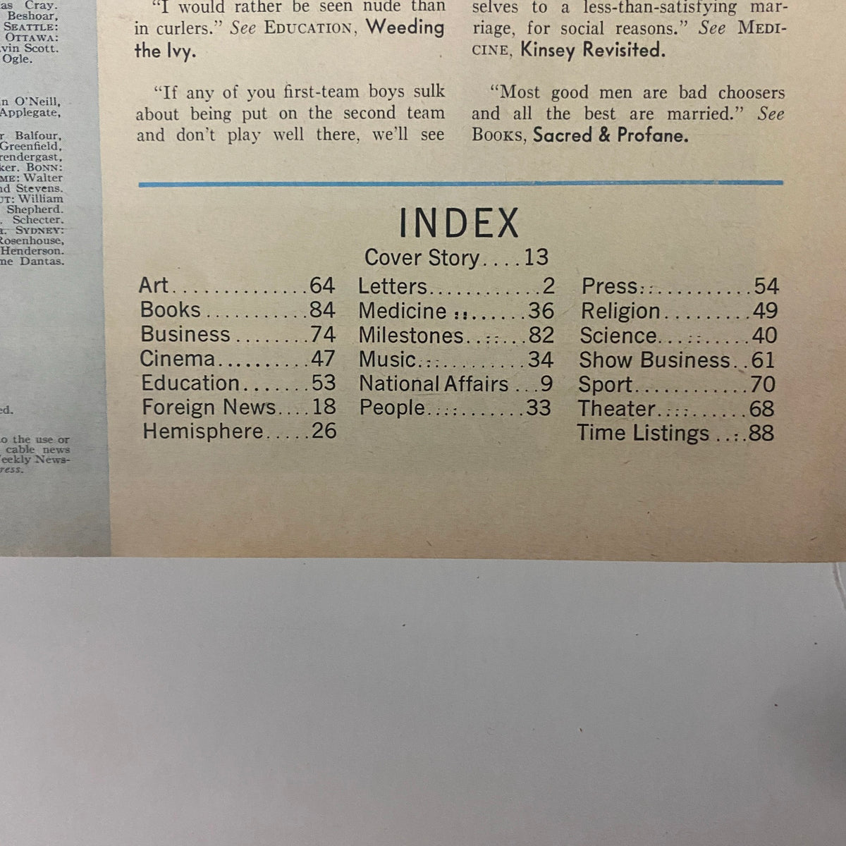 Index page of Time Magazine, October 31, 1960, Vol 76 No 18, detailing various sections including Arts, National Affairs, and Science, highlighting the comprehensive coverage of this historical issue.