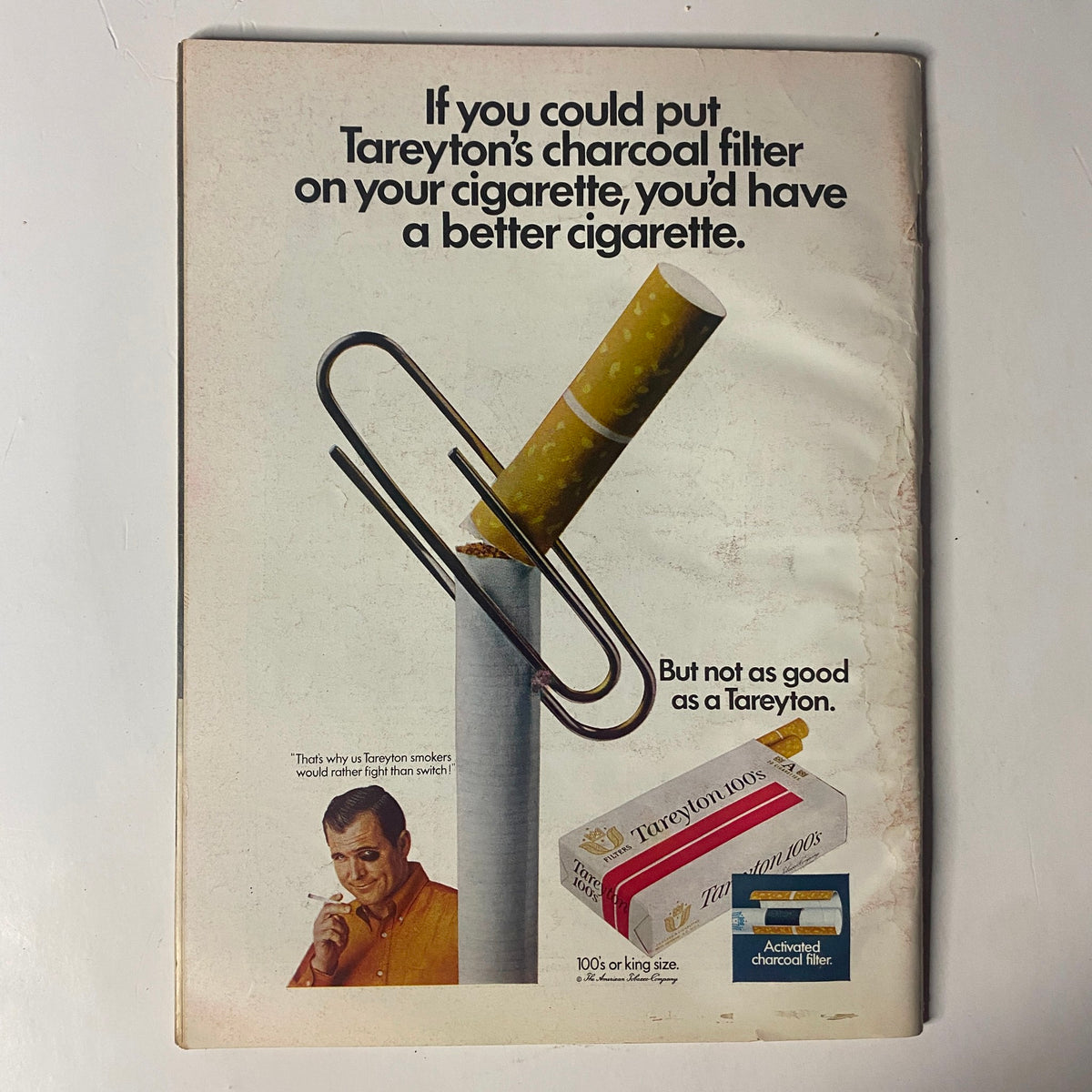 Back cover advertisement of Tareyton cigarettes in Time Magazine January 10, 1969, promoting its charcoal filter.