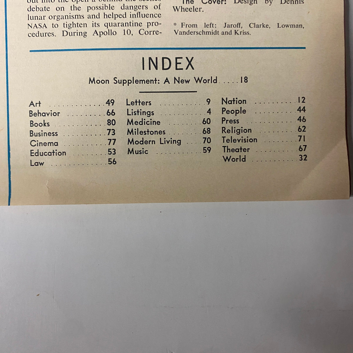 Inside page of Time Magazine July 18, 1969 showing the index of the 'To the Moon' Special Supplement, detailing various topics covered in the issue.