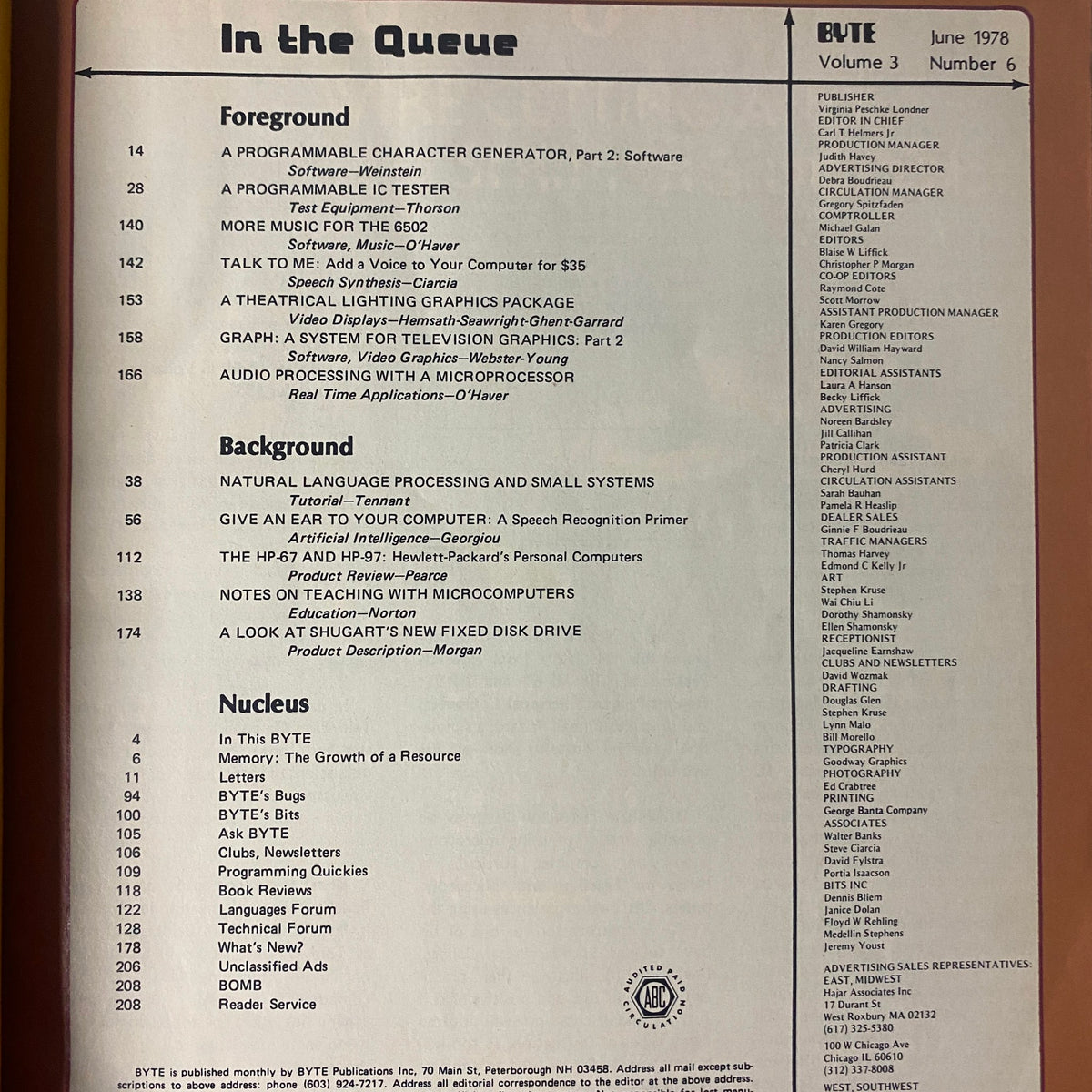 Table of contents from Byte Magazine June 1978, Volume 3, Number 6, listing articles on programmable character generation, natural language processing, and computer hardware reviews.