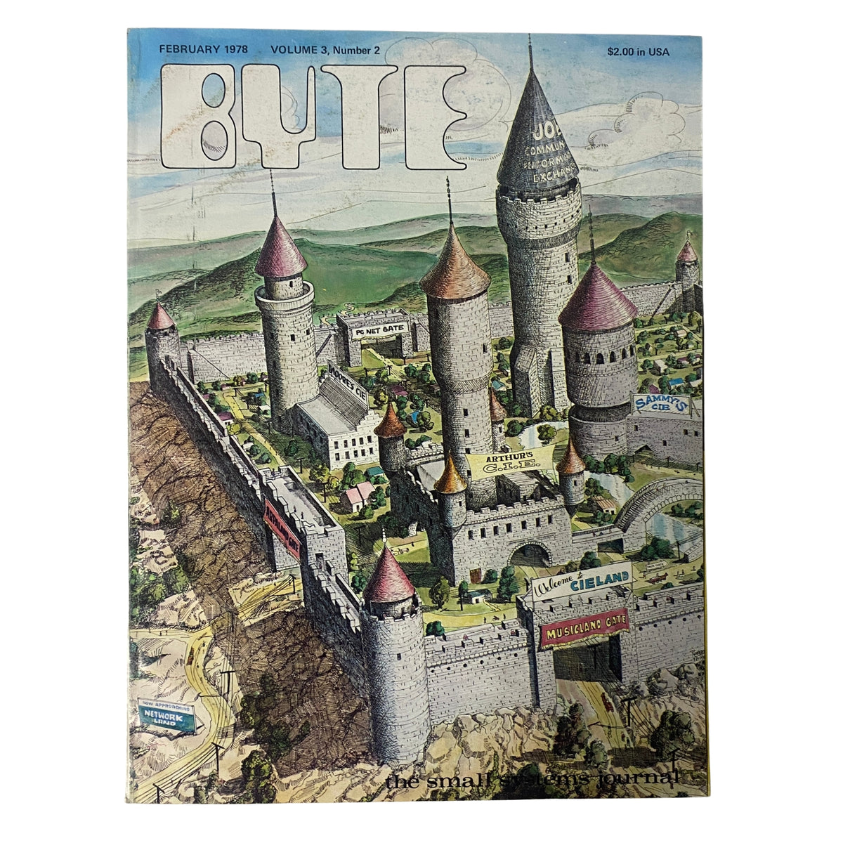 Byte Magazine February 1978 Vol 3 No 2 cover featuring a detailed illustration of a castle-themed landscape, showcasing the pioneering spirit of early computing.