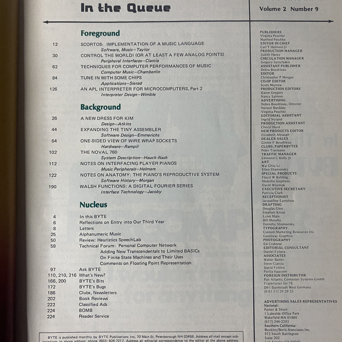 Contents page of Byte Magazine, September 1977, Vol. 2, No. 9, outlining featured articles on music languages, computer performances, and peripheral design.