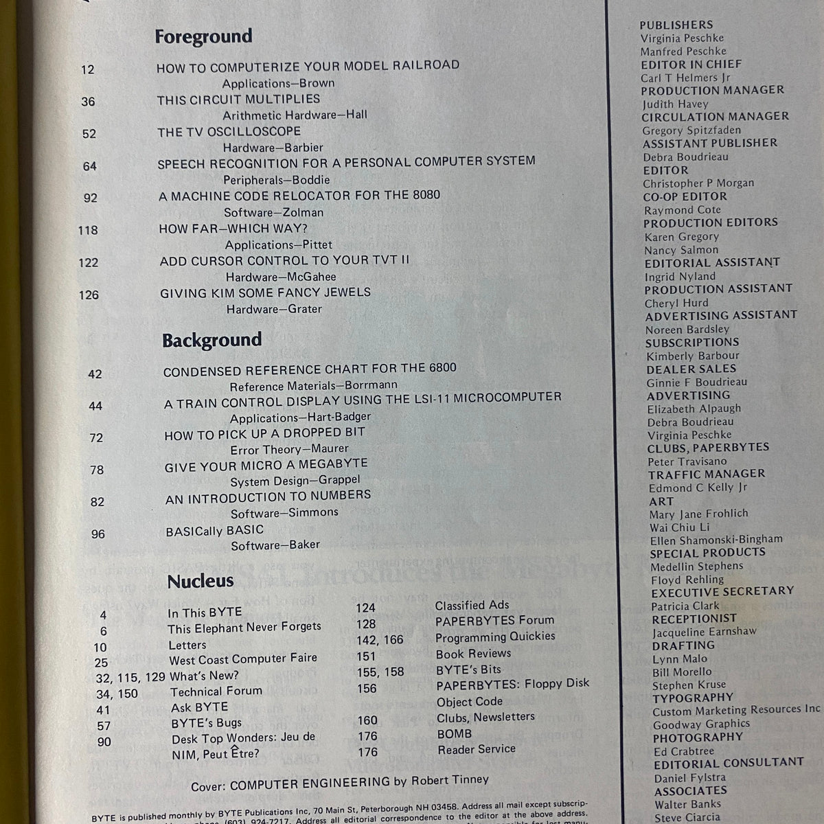 Byte Magazine July 1977 contents page listing articles on model railroading, speech recognition, and hardware design for early computing applications.