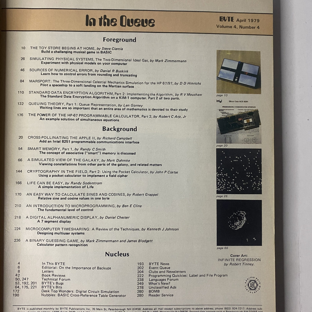 Inside view of Byte Magazine April 1979 Vol 4 No. 4, listing engaging articles such as 'The Toy Store Begins at Home' and 'Simulating Physical Systems', highlighting key contributions to personal computing innovation.