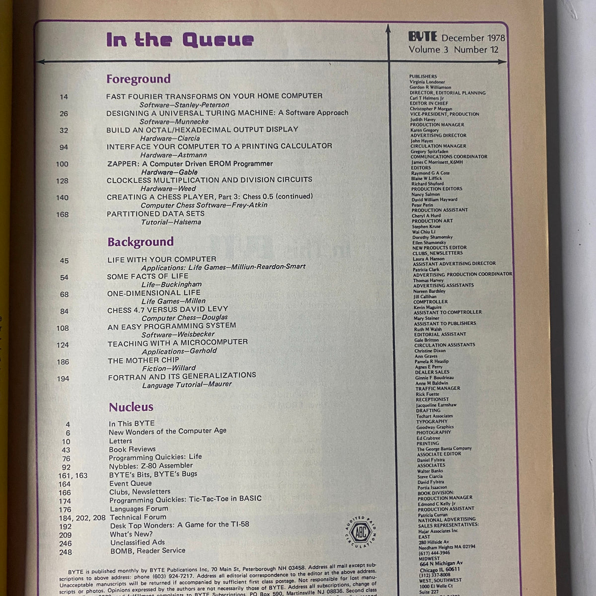 Table of contents from Byte Magazine December 1978 Vol 3 No. 12, listing articles on computer science topics including Fast Fourier Transforms and Designing a Universal Turing Machine.